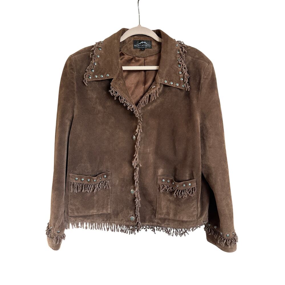 Vintage Montanaco Suede Leather Fringe Western Jacket Turquoise Studded Coat L